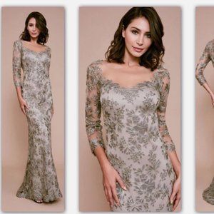 TADASHI SHOJI TOMETI CORDED EMBROIDERED LACE SMOKE PEARL GOWN sz 16